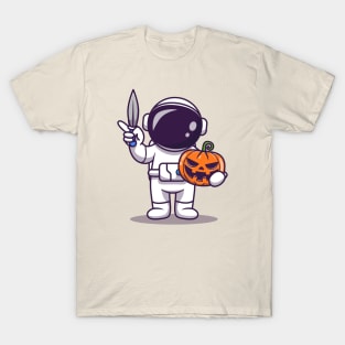 Cute Astronaut Holding Knife And Pumpkin Cartoon T-Shirt